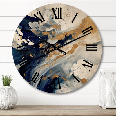 Dark Blue and Gold Strokes XXIII - Fractals Oversized Wood Wall Clock