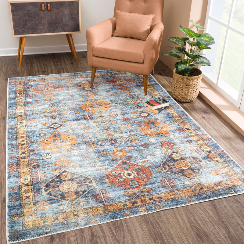  Tapis lavable antidérapant - Tapis de bordure traditionnel bleu / orange pour l'entrée, le couloir, la salle de bain et la cuisine