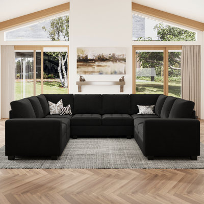 Shavera Velvet Large U-Shaped Sectional Couch Convertible Oversized Sofa Bed Sleeper