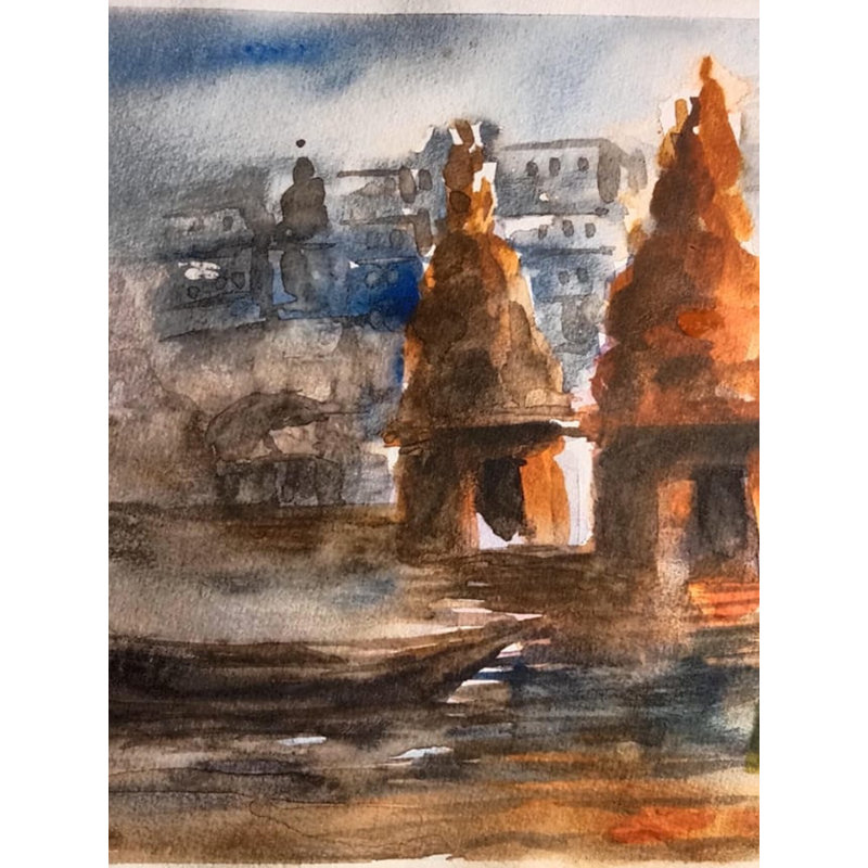 Ghat des dévots | Aquarelle sur papier | Par Raj Kumar Singh