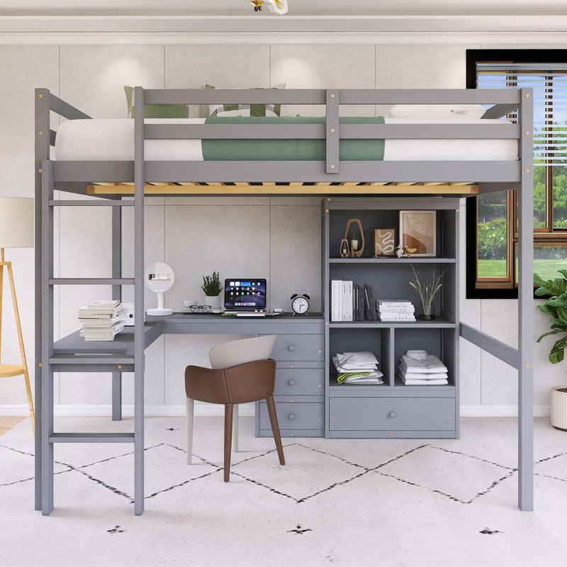 Lit mezzanine double en bois avec bureau, tablettes de rangement et tiroirs, Gris