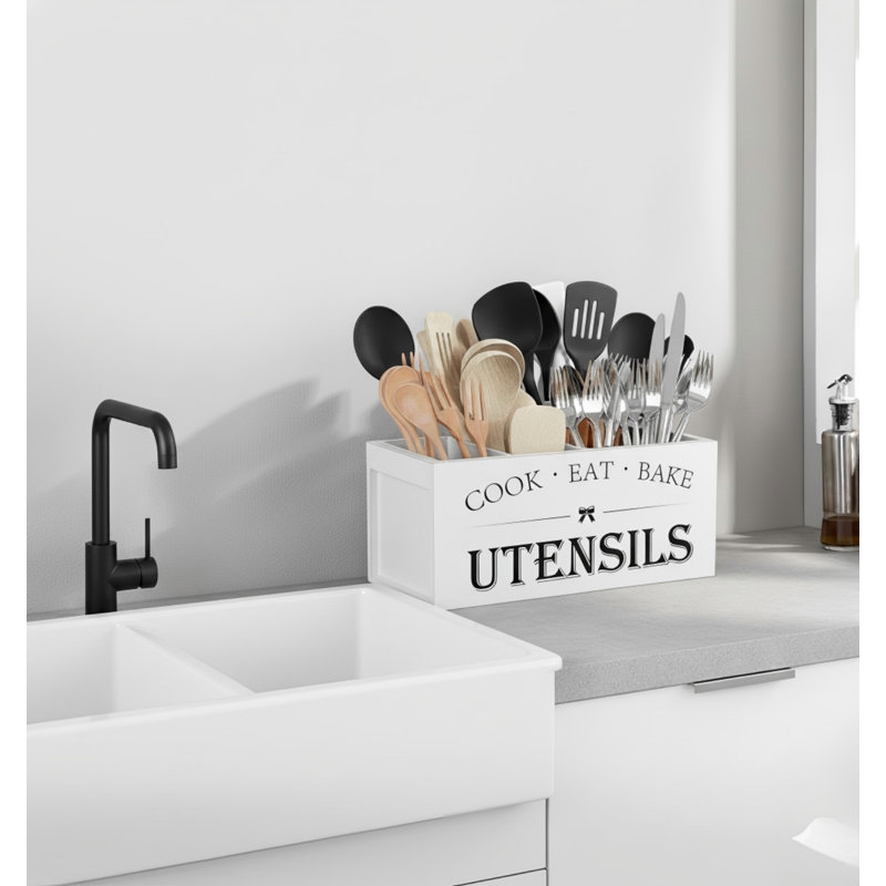 Très grand porte-ustensiles de cuisine avec 4 compartiments, organisateur d'ustensiles en bois pour comptoir de cuisine, décor de ferme, ustensile de cuisine rustique - grain blanc
