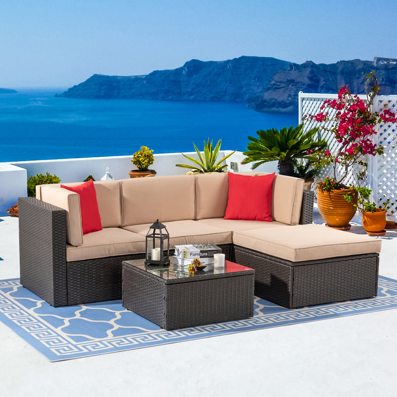 Wicker 5-Piece Modular Patio Conversation Set with Cushions, Beige