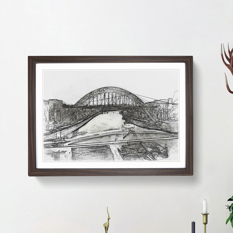 Tyne Bridge Linking Newcastle in Abstract - Picture Frame Graphic Art Print, 62cm H x 87cm W x 2cm D, Walnut Framed