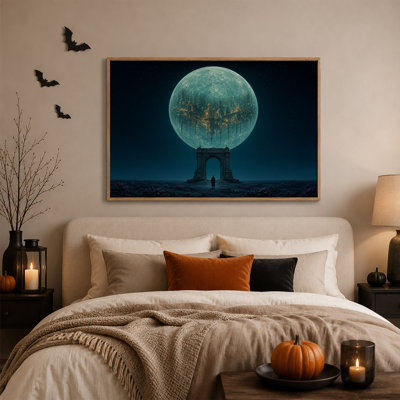 Toile murale d'Halloween avec lune bleue lumineuse et cité fantastique sur pierre