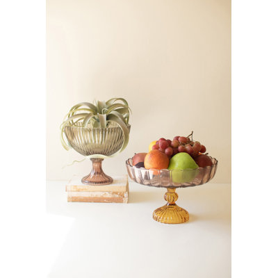  Ribbed Glass Compote – Multi-Color Decorative Bowl 9.5" for Display or Serving Set of 2