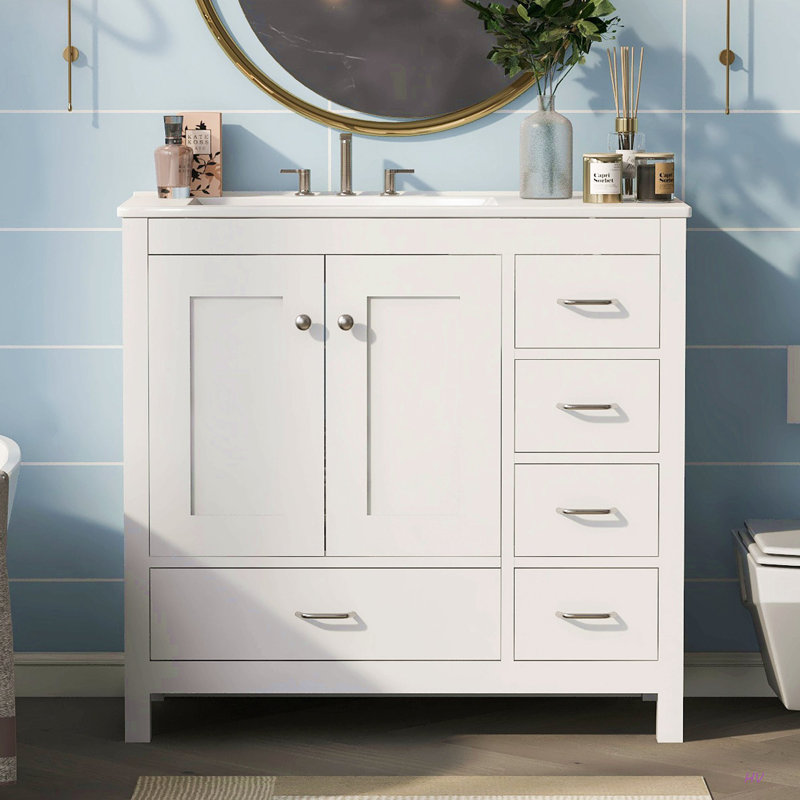 Meuble-lavabo 36 po avec lavabo en céramique, armoire de rangement abondante, 2 portes à fermeture en douceur et 5 tiroirs