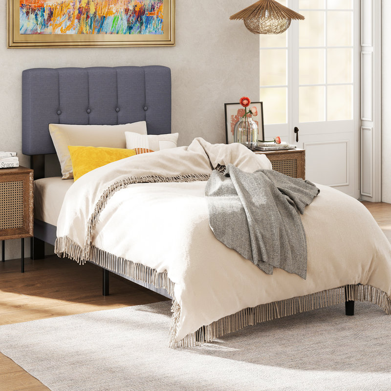 Upholstered Bed Frame with Adjustable Headboard, Twin