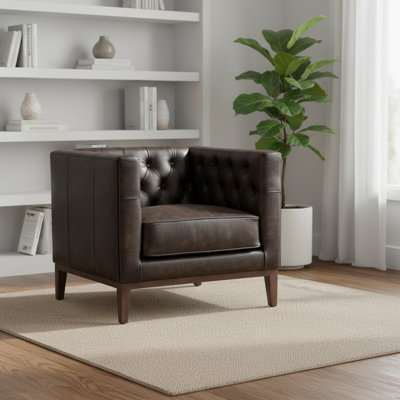 33" Brown Antiqued Top Grain Leather Tufted Club Chair