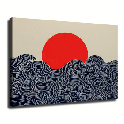 Art rétro de style japonais sur bois rétro, soleil rouge et bleu foncé, grande toile tendue sur toile pour le salon, la chambre à coucher