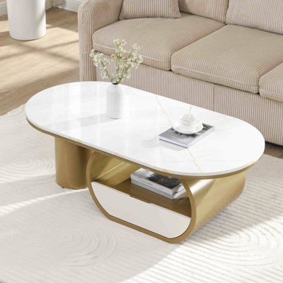 Table basse moderne de luxe de 45,85 po avec tiroir de rangement, conception ovale, plateau en faux marbre, métal doré pour le salon, fabrication, pieds réglables, emballage sécuritaire
