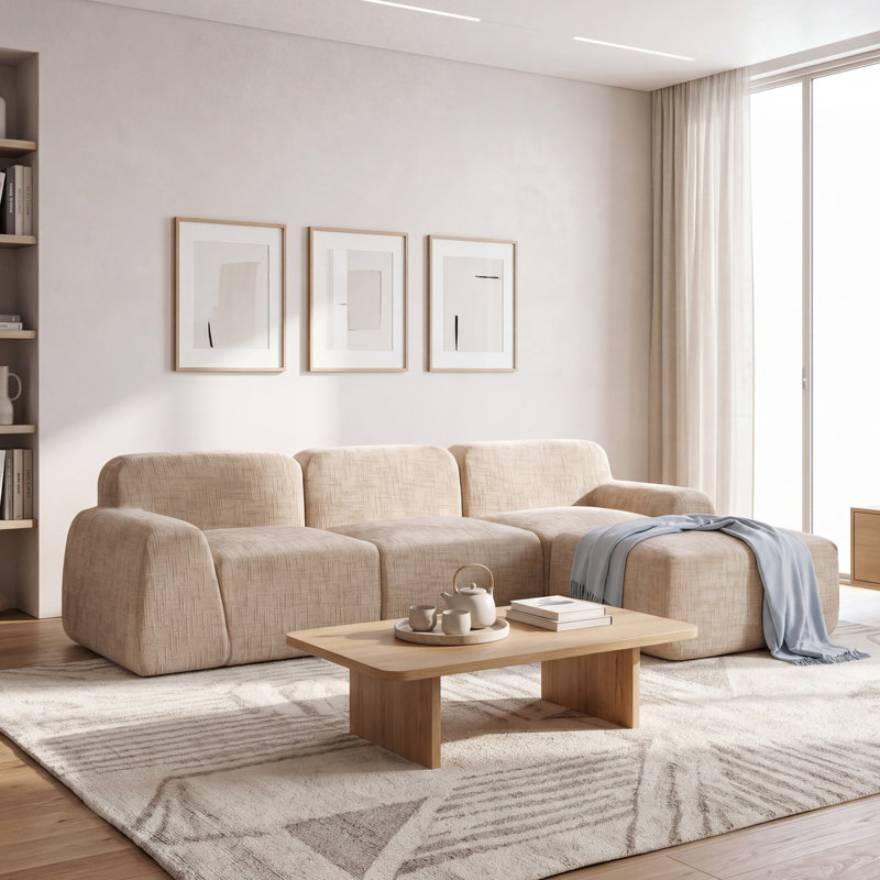 3 Seater Chenille Sofa, Light Khaki