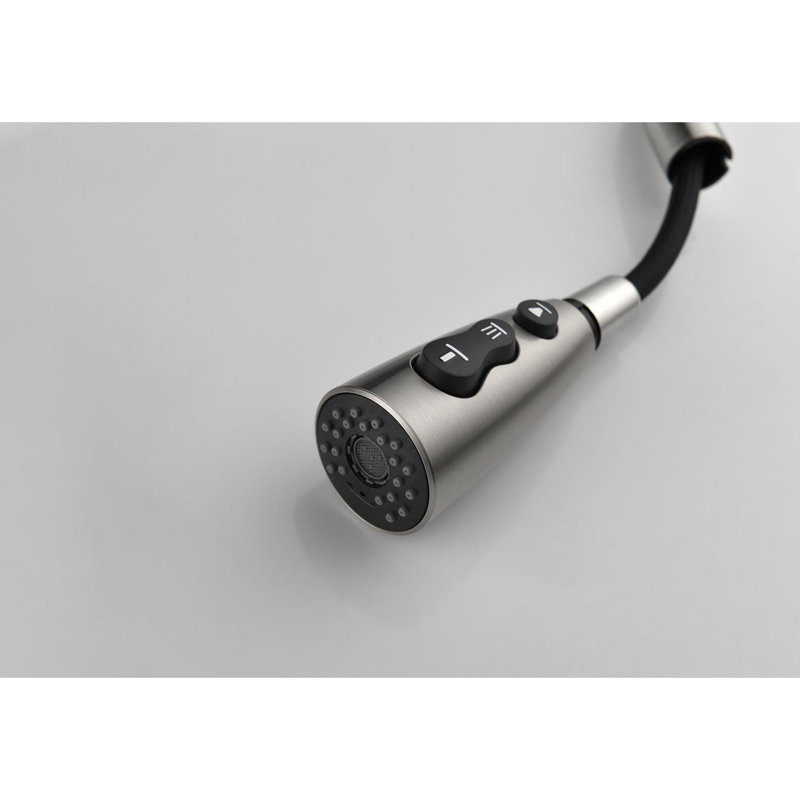 Robinet d'évier de cuisine à poignée simple en acier inoxydable avec bec rétractable, finition nickel brossé, buse haute rotative à 360 °, trois réglages de débit d'eau, jet, contrôle facile de la température et du débit,