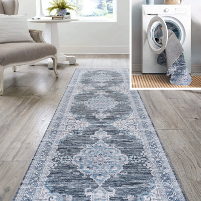 Tapis gris / bleu / blanc Heida Chenille Medallion Cottage