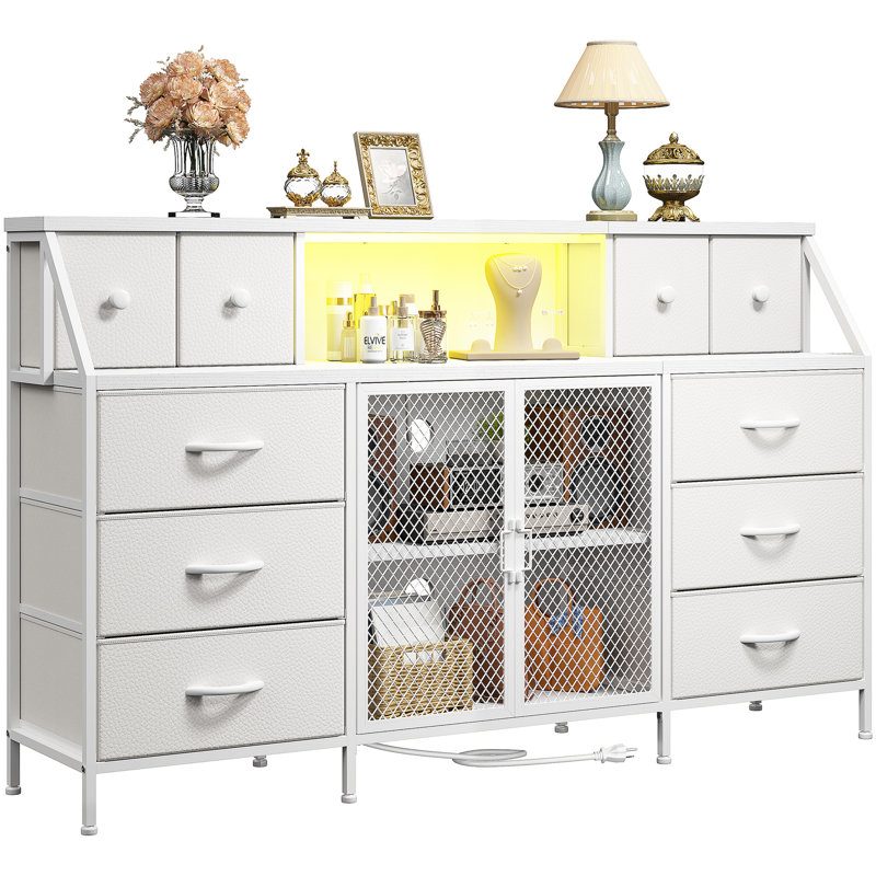 55"W 10 Drawer Dresser For Bedroom With Mesh Door, Led Light & Power Outlets, White