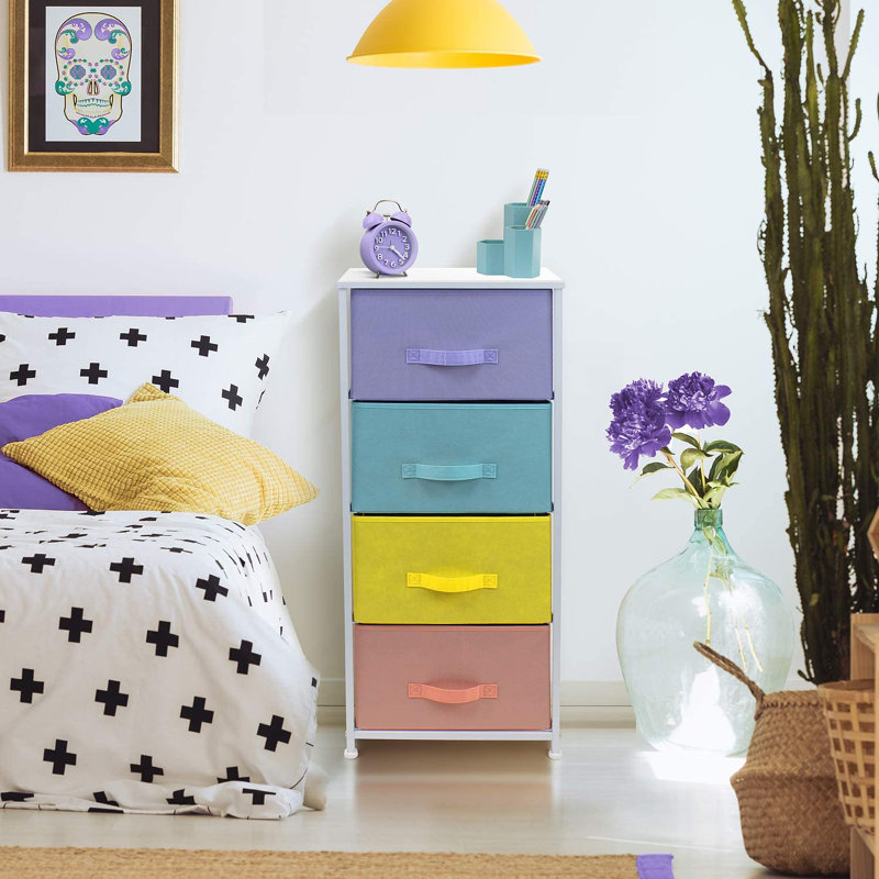Commode 4 tiroirs l 11,87 po, Mauve / turquoise / jaune / pêche
