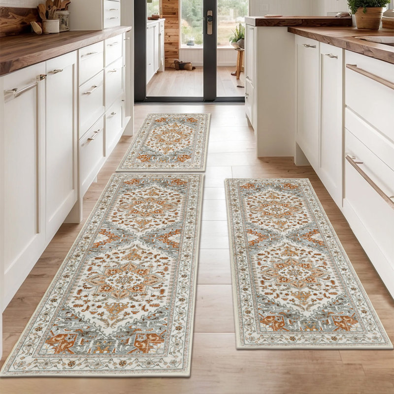 Non-Slip Washable Kitchen Mats (Set of 3), Beige/Gray