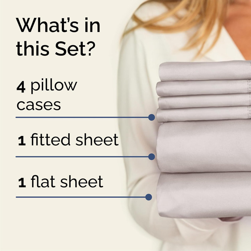 6 Piece Sheet Set, Soft Cooling Bed Sheets, Breathable & Wrinkle Free, Hotel Luxury Bedding, Light Gray
