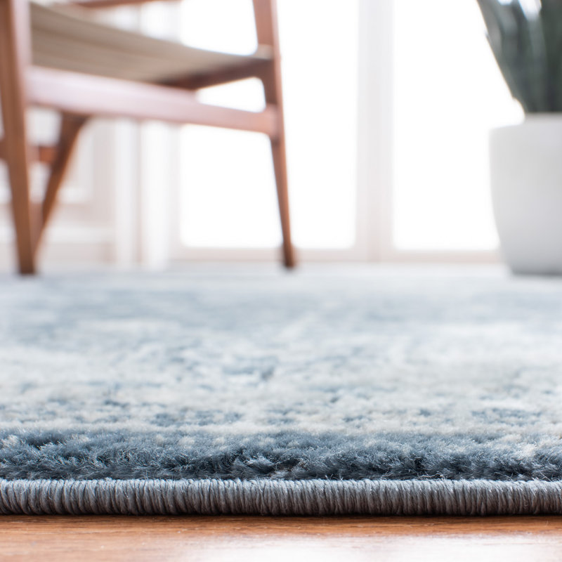 Tapis oriental bleu marine / ivoire en polyester / polypropylène tissé à la machine, Rectangle 8 pi x 10 pi