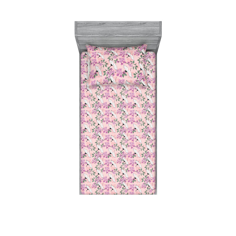 Ambesonne Fitted Sheet & Shams, Pale Purple/Rose Green Flower, Twin Sheet Set with 1 Pillowcase