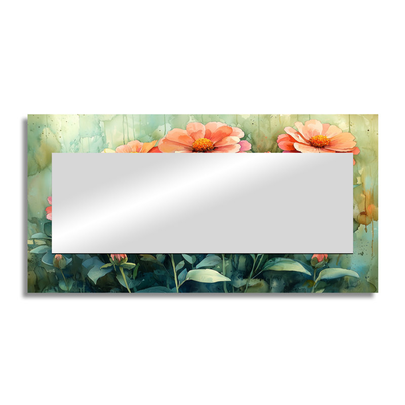 Zinnias Summer Petals In The Breeze I - Art mural miroir floral - imprimé sur métal, 28 po x 55 po