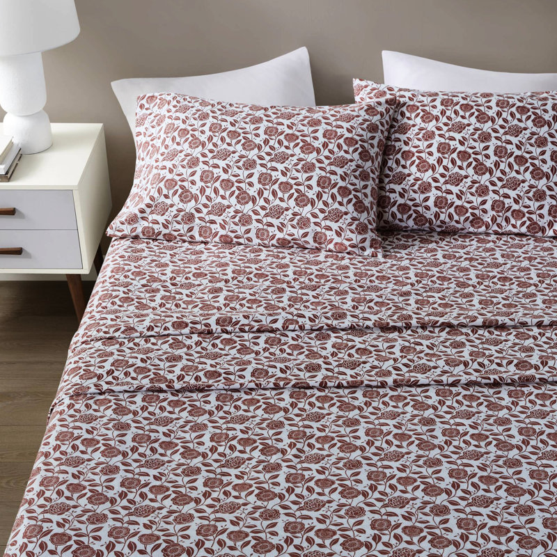 Ensemble de 4 très grand drap floral rouille, 100% flanelle de coton, dimensions luxueuses surdimensionnées pour matelas jusqu'à 18 po, douceur supérieure avec tissu brossé, drap-housse entièrement élastique, pré-rétréci, inclus