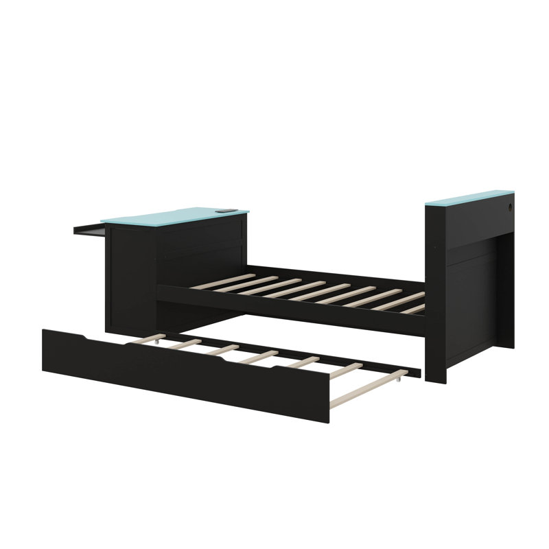 Twin Size Wooden Daybed Includes A Twin Size Trundle Bed, Desk, LED Lighting, And USB Connector, Twin, Black/Blue