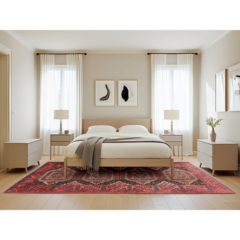 Tapis traditionnel rouge / noir Faer, Rectangle 5 pi x 8 pi