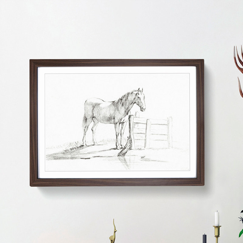 Horse by the Gate by Jean Bernard - Picture Frame Drawing Print, 36cm H x 48cm W x 2cm D, Walnut Framed