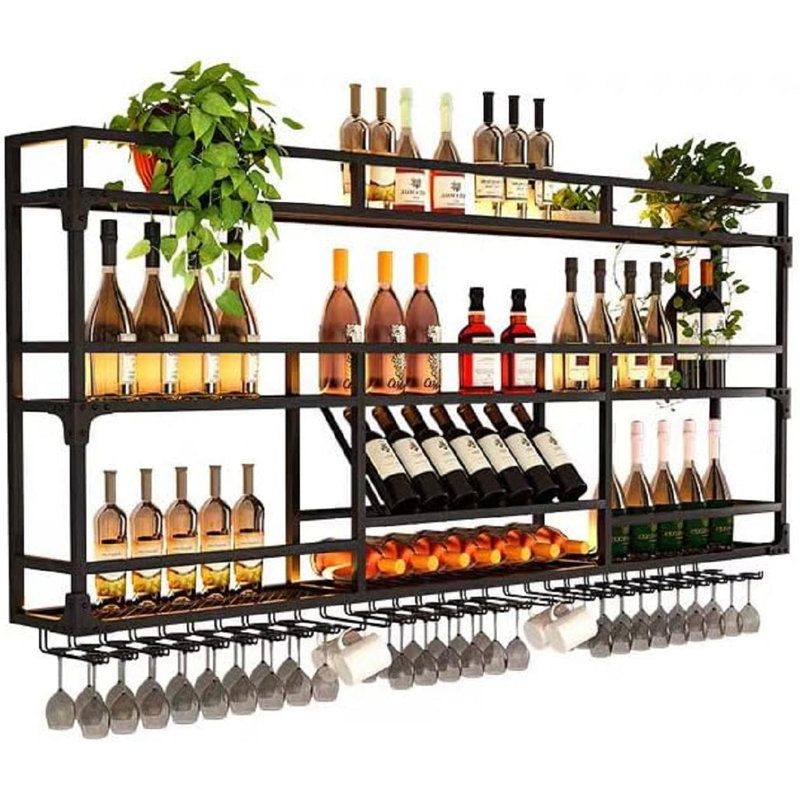 Support à vin mural en métal 71 pouces avec lumière DEL - Support à vin à 3 niveaux avec support en verre - Présentoir à bouteilles peu encombrant pour bars à la maison, salles à manger, noir