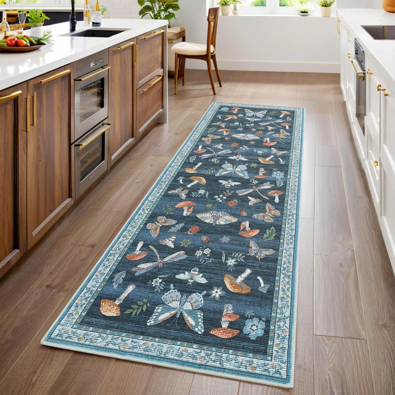 Rectangle Floral Washable Area Rug, Blue, 60*180cm