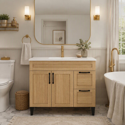 Meuble-lavabo moderne avec lavabo, grand espace de rangement, charnières à fermeture en douceur et montage facile pour des salles de bains élégantes et fonctionnelles.