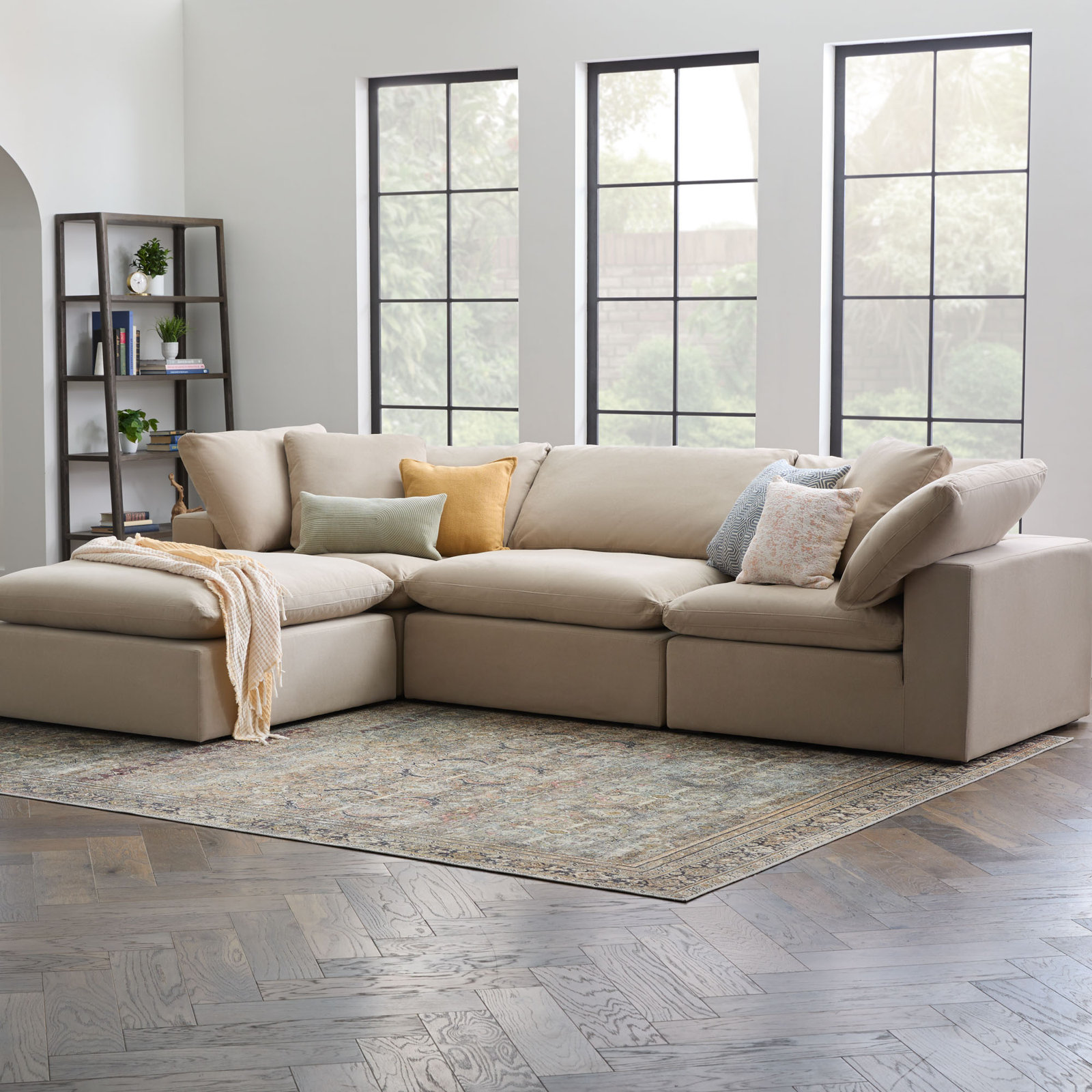 Calana Modular Sectional, Almond, 4 Piece (2 Corner, 1 Armless, 1 Ottoman)