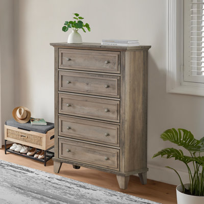 Retro 5-Drawer Chest with Vintage Style, Vertical Tall Dresser for Bedroom, Sturdy Engineered Wood Construction, Easy Assembly, Grey
