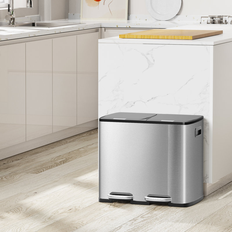 Poubelle double avec couvercle Ksskss, poubelle pour marches de cuisine en acier inoxydable, poubelle à double compartiment avec 2 seaux intérieurs en plastique
