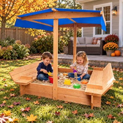 47.2" Kids Sandbox with Canopy and Seats, Solid Wood Outdoor Sand Boat Playset for Backyard, Patio and Garden