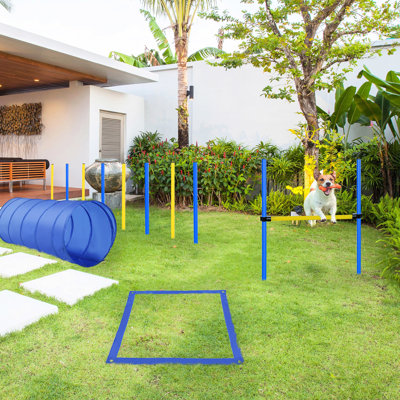 4Pc Canine Agility Training Facility Setup Kit - Jump Hurdle, Tunnel, Pause Box, Weave Poles & Knapsack Blue/Yellow. Fortify Bonding, Safe , Lightweight Installation Dog Bag Build Strong Bond, Easy