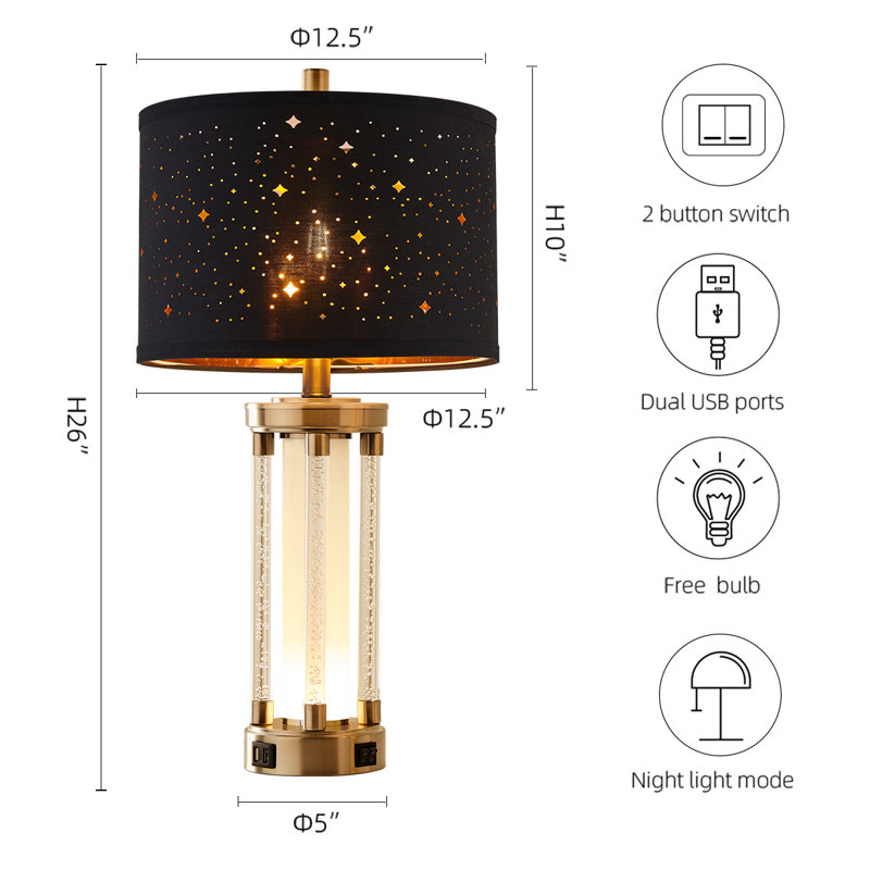 Hartlove 26" Crystal-Style Table Lamp Set With Night Light And USB Ports