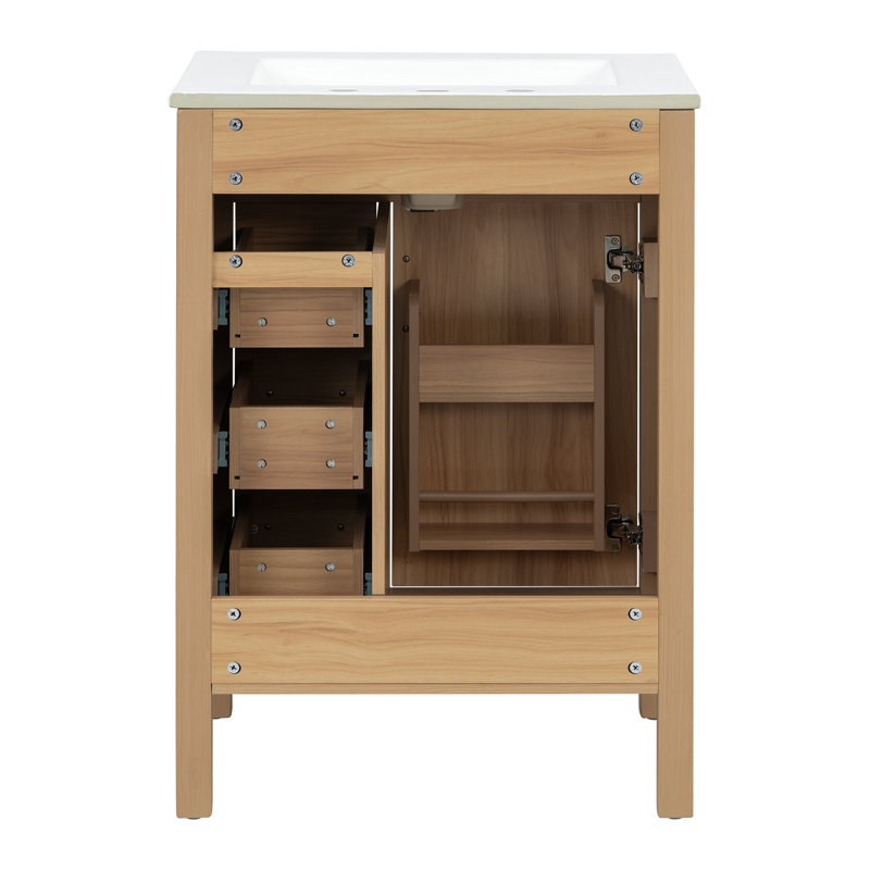 Meuble-lavabo 24 po avec lavabo en céramique, armoire traditionnelle moderne, panneau de fibres à densité moyenne avec pieds en bois massif, 1 porte, 1 tiroir rabattable et 3 tiroirs, poignées noires