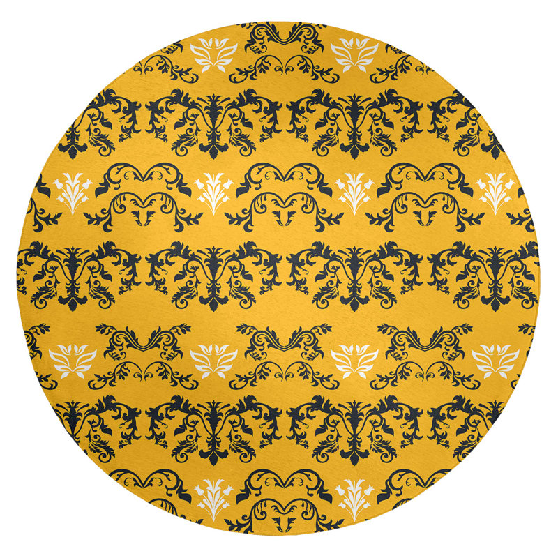 Tapis rond doré à motif baroque damassé