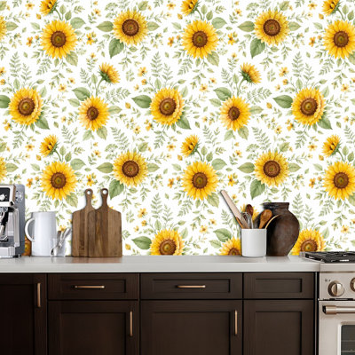 Peel and Stick Wallpaper Sunflower seamless Watercolor horizontal border Yellow rural flowers Contact Paper Removable Self Adhesive Wall Mural Wall Decor for Bedroom Kitchen Cabinets 17.7in x 118in