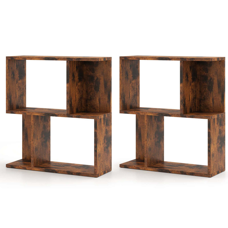 2 Pcs 3-tier Bookshelf Geometric Bookcase Side Table With Open Storage Display Shelf, Brown