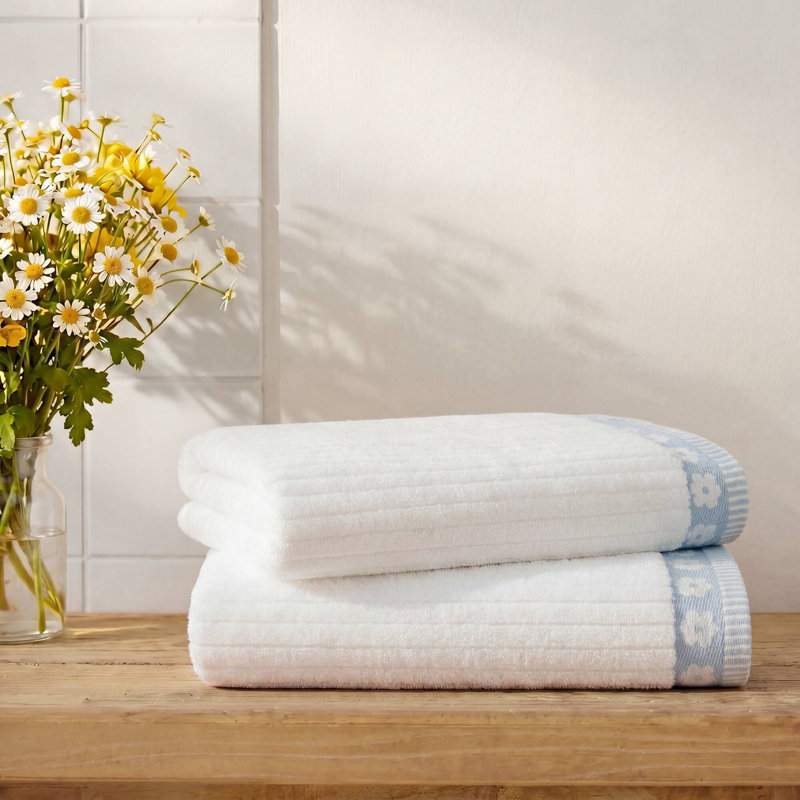 Flora Rib 2 Piece Bath Towel Set, Blue