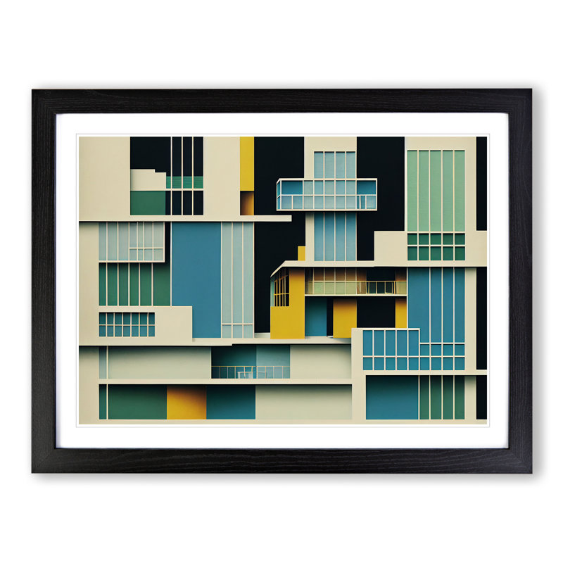 XH1022-6054X Modern Bauhaus Architecture Abstract - Single Picture Frame Print, Black, 46cm H x 64cm W