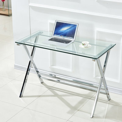 Bureau d'ordinateur moderne avec plateau en verre et structure en acier inoxydable robuste