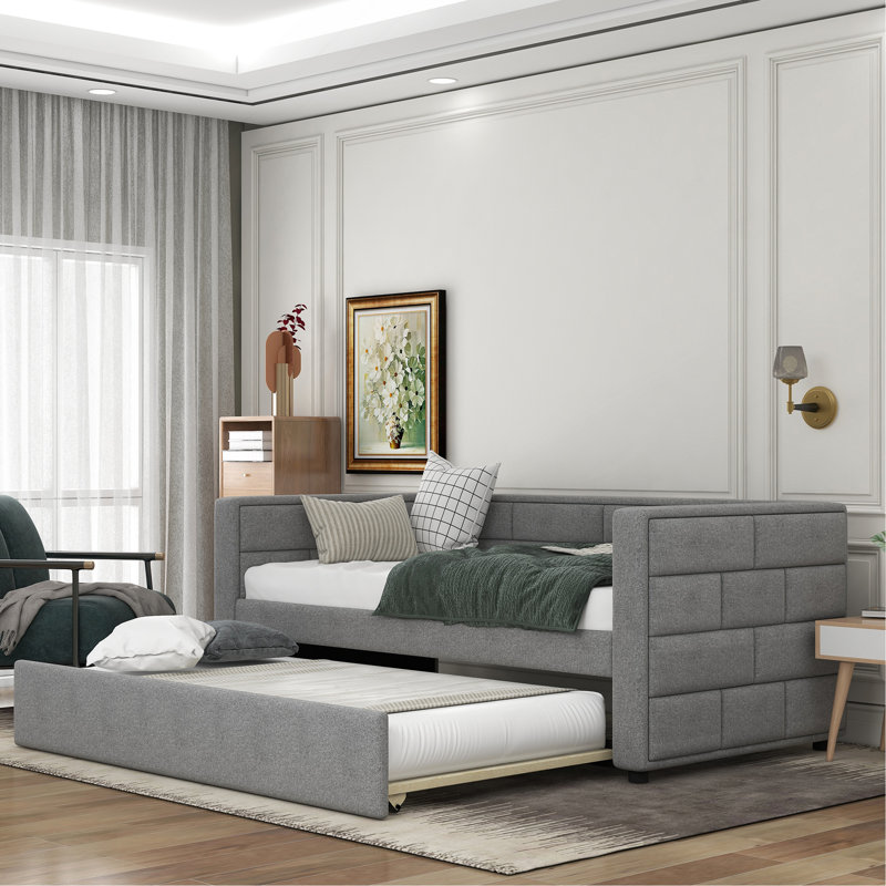 Lit de jour simple avec couchette, lit de jour rembourré avec dossier rembourré, gris