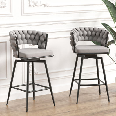 Tabourets de bar gris tissés en lin de 2, 28 po. 360 chaises pivotantes avec accoudoirs larges. Pour îlot de cuisine, bars, restaurants, cafés, chaise de 28 po tissée. Détente en arrière. Cafés, tavernes