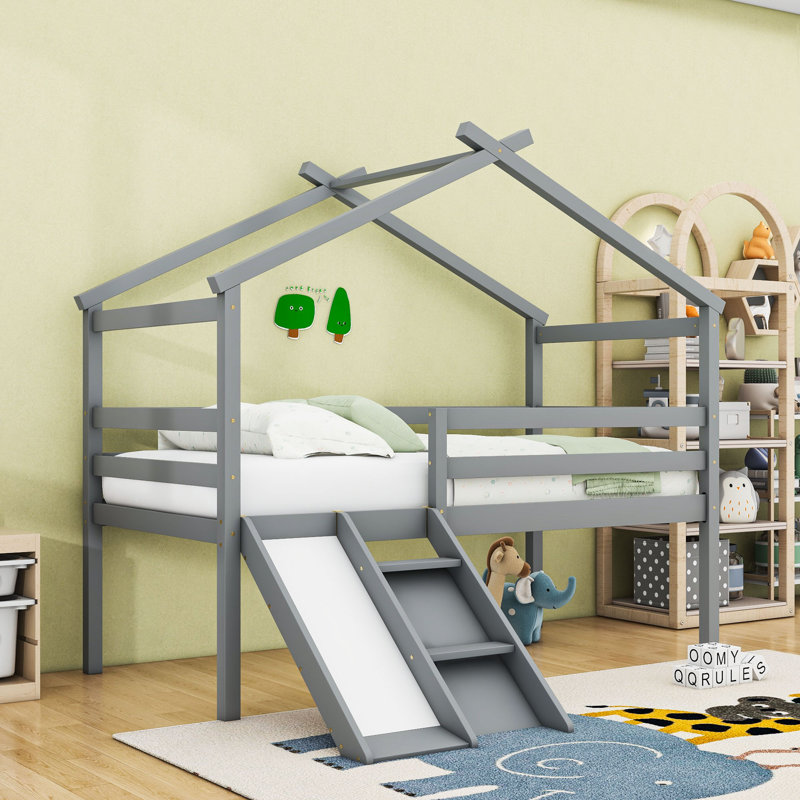 Twin Low Loft House Bed With Slide, Ladder  And Guardrails, Gray