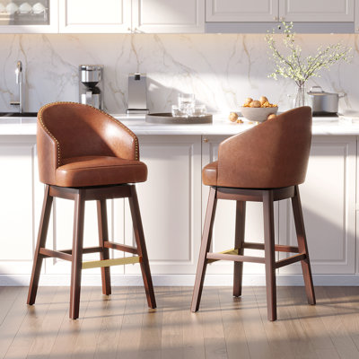 Swivel 31.9'' Faux Leather Bar Stool with Solid Wood Legs, Brown