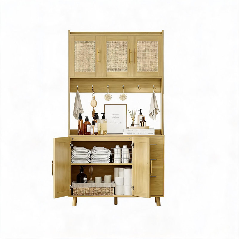 Armoire-buffet de 71 po de hauteur avec rangement, buffet autoportant avec huche et porte en rotin, 3 tiroirs, 6 crochets, tablettes réglables, comptoir à micro-ondes pour le salon